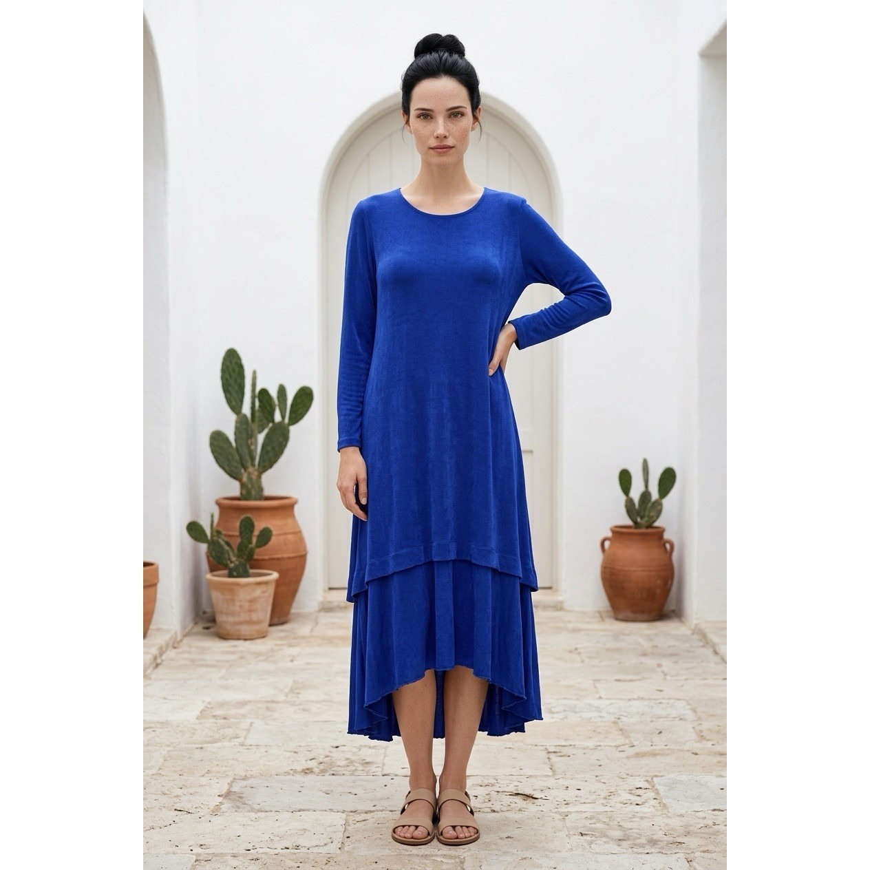 Chico's Women's Tiered High-Lo Hemline Maxi Flowy Dress Royal Blue